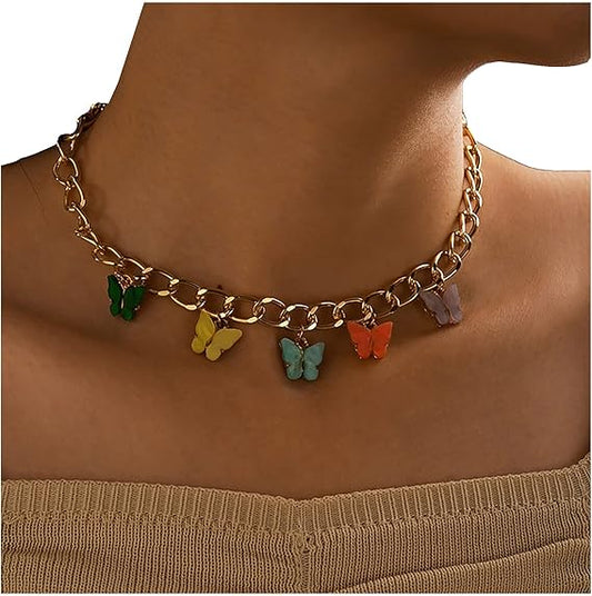 Colorful Butterfly Pendant Necklace With Gold Clavicle Chain